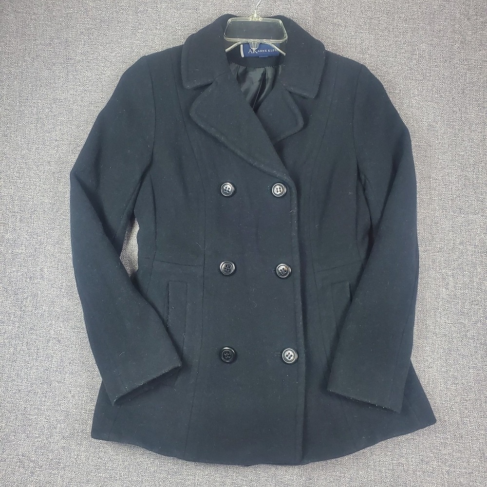 Anne Klein Pea Coat Wool Blend Double Breasted Black Jacket Size M